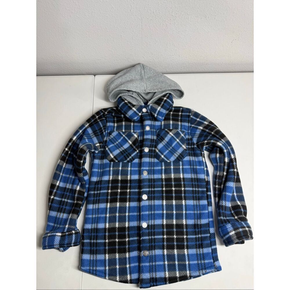 Highland BOY'S FLANNEL SHERPA SHACKET WITH FLEECE LINED HOOD Size 8 Snap Closure